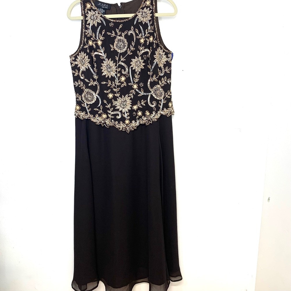 JKara NY Beaded Chiffon Maxi Gown Chocolate Brown  10 Petite Flowy Formal  Event